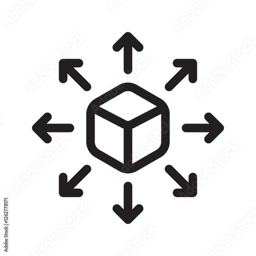 Blockchain icon with cube and arrows pointing in all directions