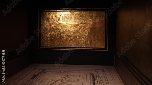 A golden relief in an ancient Egyptian tomb depicting the Apis bull, a sacred symbol of strength and divinity. The intricate carvings and hieroglyphs highlight the significance of ritual processions.