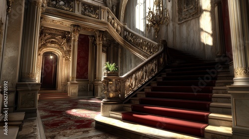 Majestic staircase in an opulent mansion bathed in golden sunlight coming through tall windows. Generative AI