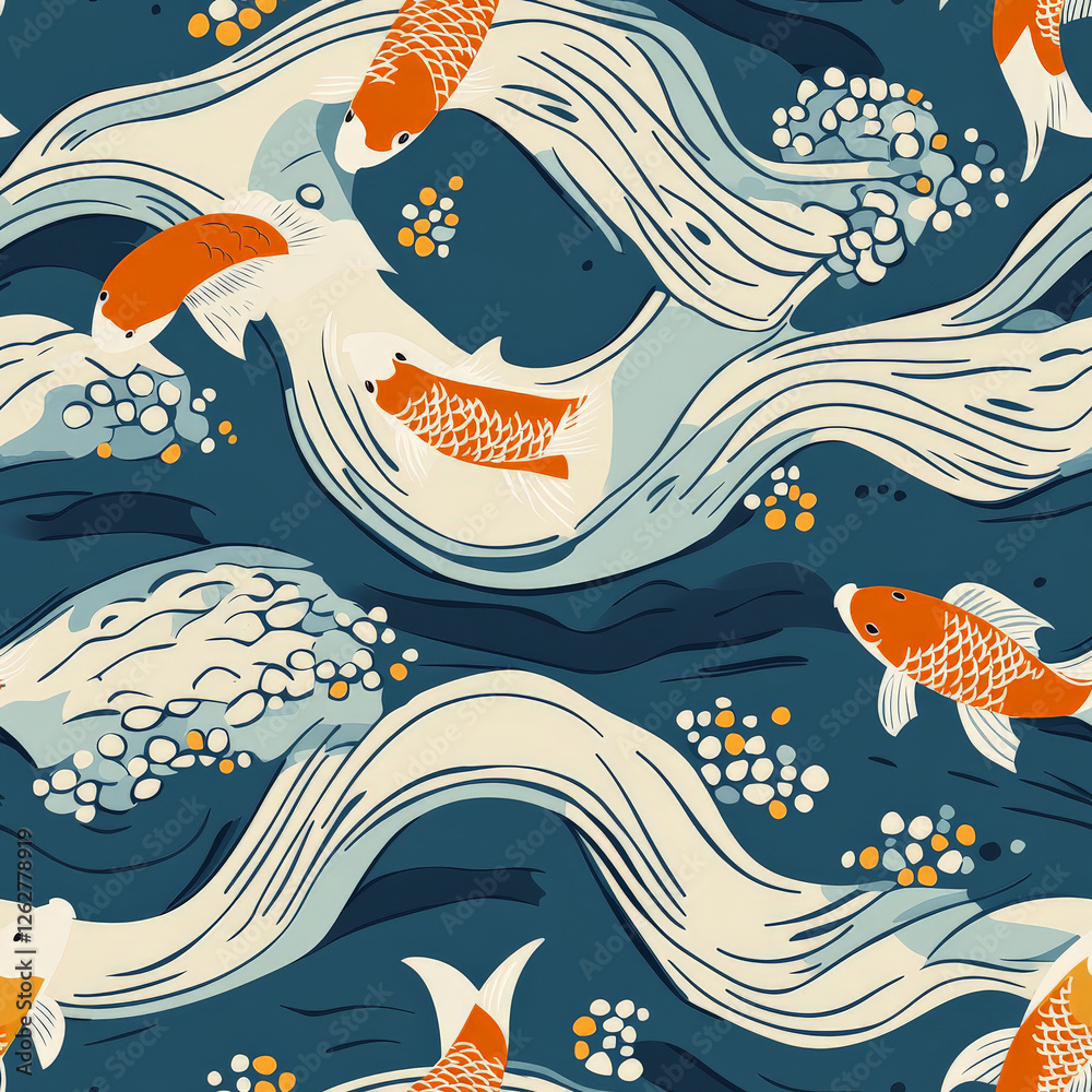 Obraz premium A Japanese-inspired koi fish pattern, where graceful swimming fish glide through stylized water waves in soft blues and oranges