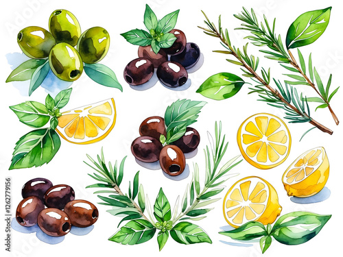 Vibrant arrangement of olives, basil, lemon, and rosemary depicted in fresh watercolor style