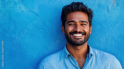 happy man smiling against blue wall photo