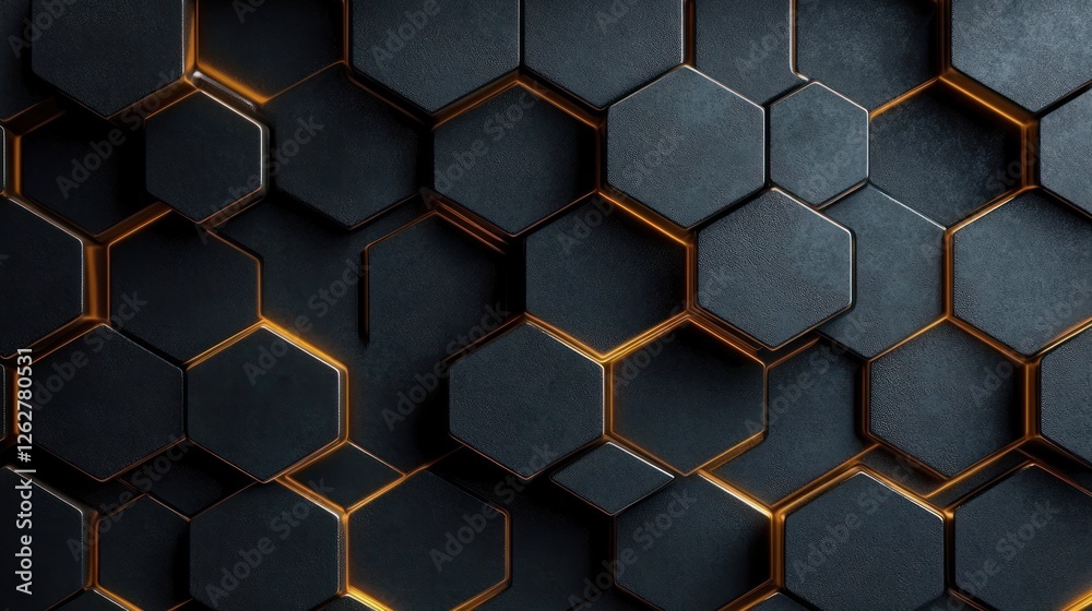 Geometric Black Hexagon Wall with Gold Outline and Dramatic Lighting 3D Illustration