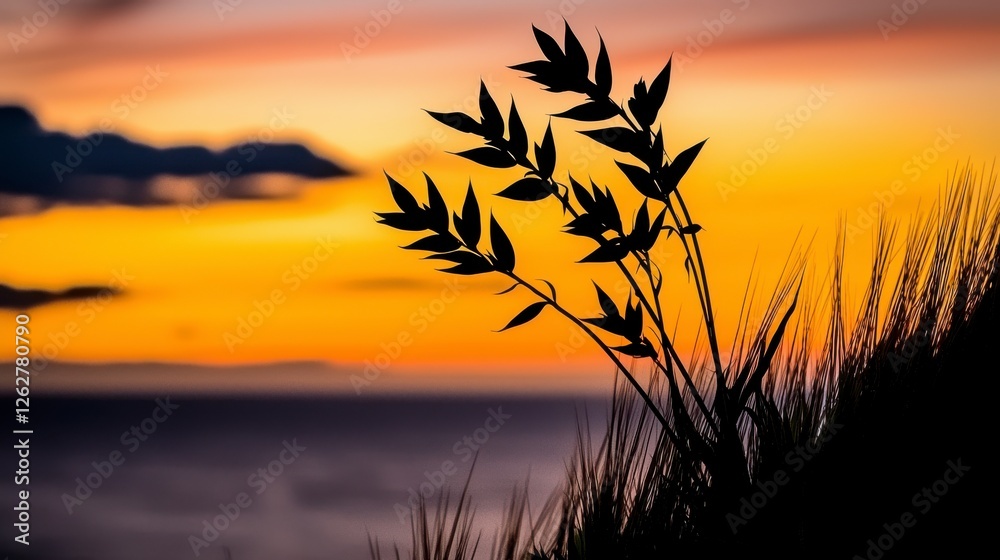 Silhouette of Grass Against a Colorful Sunset Sky Over Ocean Landscape in Tranquil Natural Setting Silhouette of Grass Against a Colorful Sunset Sky Over Ocean Landscape in Tranquil Natural Setting