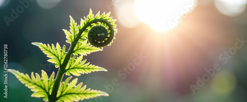 Sunrise illuminates a vibrant fern's unfurling fronds, a breathtaking display of nature's artistry.