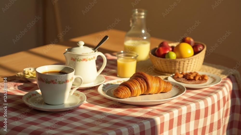 A delightful morning breakfast scene featuring a freshly baked croissant, a cup of coffee, and a selection of fruit, all set upon a charming checkered tablecloth in warm sunlight.