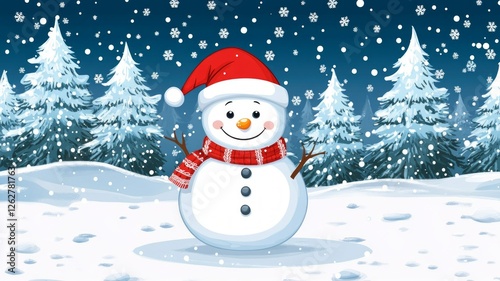 Joyful Snowman in Snowy Winter Forest at Night