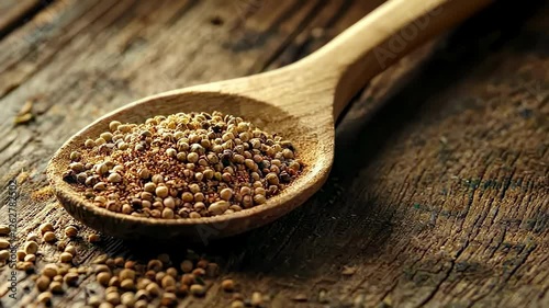 Close-up of a wooden spoon with spices. Selective focus
