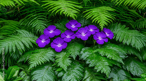 Vibrant Purple Flowers Surrounded by Lush Green Ferns in a Botanical Garden Setting photo