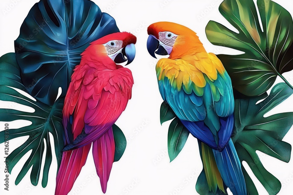 Fototapeta premium Parrots and Tropical Leaves Vibrant Vector Illustration Summer Wildlife Art