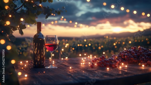 Sunset over vineyard with wine bottle and glass on rustic table, surrounded by glowing lights