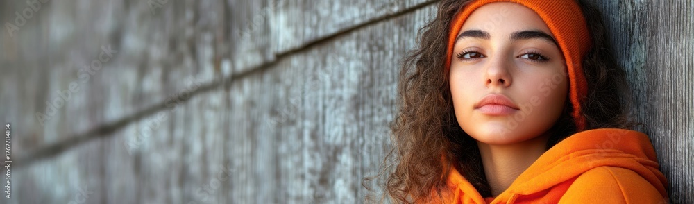 Sad Mixed Race African American Teenager Woman in Orange Hoodie against Wooden Wall Sad Mixed Race African American Teenager Woman in Orange Hoodie against Wooden Wall
