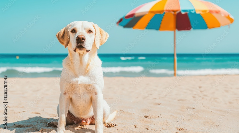 A cheerful dog sits on the sandy beach under a colorful umbrella, with vibrant ocean waves in the background, creating a joyful summer scene. A cheerful dog sits on the sandy beach under a colorful umbrella, with vibrant ocean waves in the background, creating a joyful summer scene.