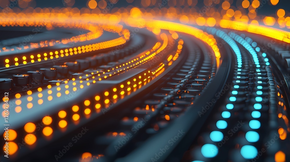 Fototapeta premium A close-up view of illuminated, colorful lines resembling digital pathways, showcasing vibrant orange and blue lights in a smooth, flowing pattern.