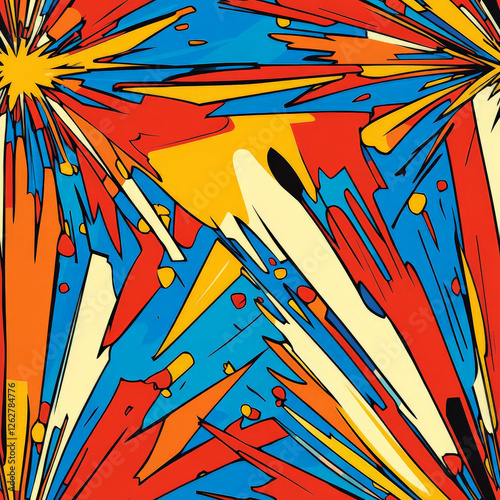 A fun comic book action line pattern, where jagged lines burst outward like classic superhero motion effects in bold primary colors photo