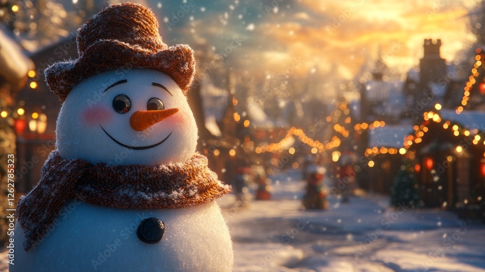 Fototapeta premium Smiling Snowman in a Festive Winter Village at Sunset