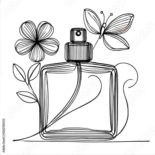 Drawing of a perfume bottle. One continuous line. Isolated on white background