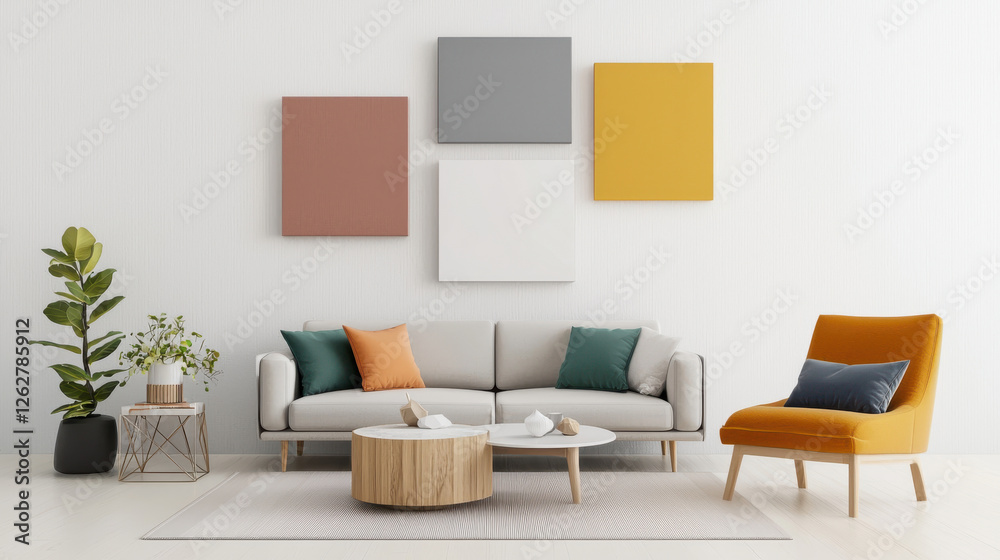 Fototapeta premium A modern living room with stylish furniture and colorful wall art for cozy ambience.