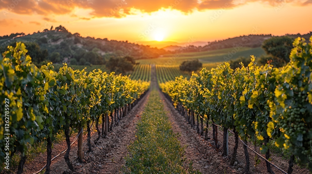 Fototapeta premium Vineyard Sunset Landscape; rows of grape vines stretching to a sunset over rolling hills. Possible use Nature stock photo, agriculture, travel