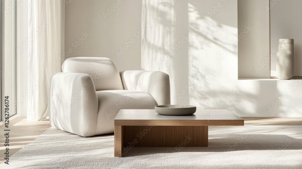 Fototapeta premium A serene living space featuring a white armchair and a minimalist wooden table.