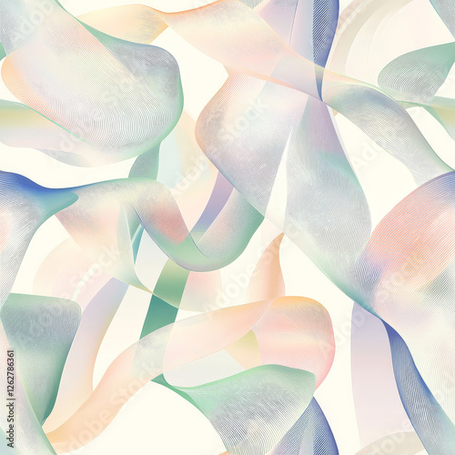 A surreal floating ribbon-like line pattern, where soft curved lines create an illusion of weightless movement in pastel hues photo