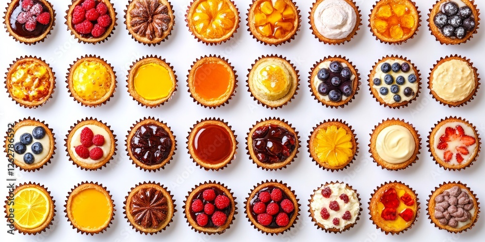 Top View, Fruit Cream-Filled Tarts Assortment on White, Bakery Delights, Studio Shot Top View, Fruit Cream-Filled Tarts Assortment on White, Bakery Delights, Studio Shot