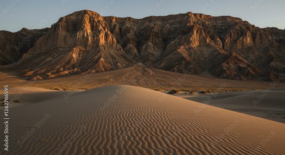 Naklejka premium Dramatic Sand Dune Landscape with Mountain Backdrop at Golden Hour