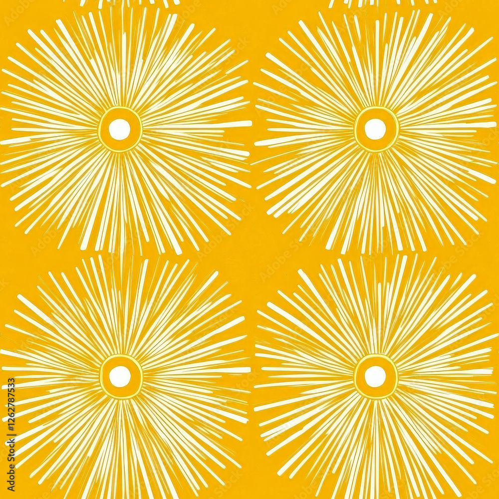 Fototapeta premium A happy sunbeam line pattern, where radiating lines burst from circular centers, resembling cheerful suns in a bright yellow palette