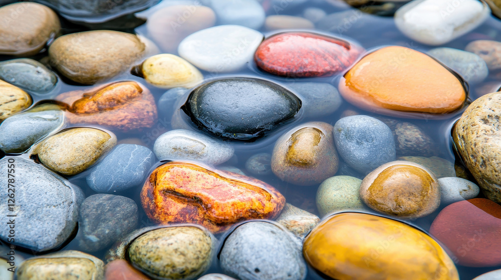 Colorful pebbles submerged in clear water, creating a serene and natural atmosphere suitable for relaxation and nature enthusiasts. Colorful pebbles submerged in clear water, creating a serene and natural atmosphere suitable for relaxation and nature enthusiasts.