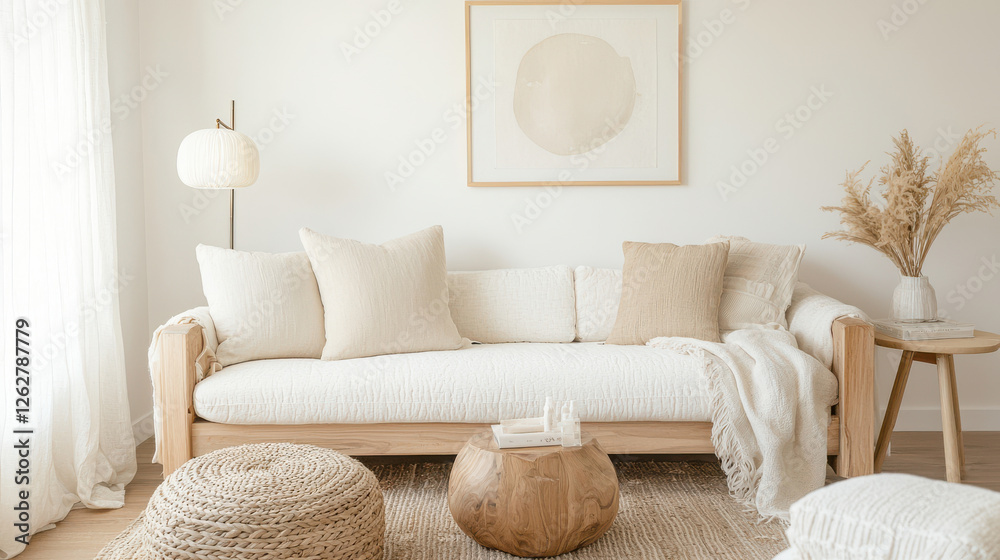 Cozy minimalist living room featuring soft textures and natural elements. Cozy minimalist living room featuring soft textures and natural elements.
