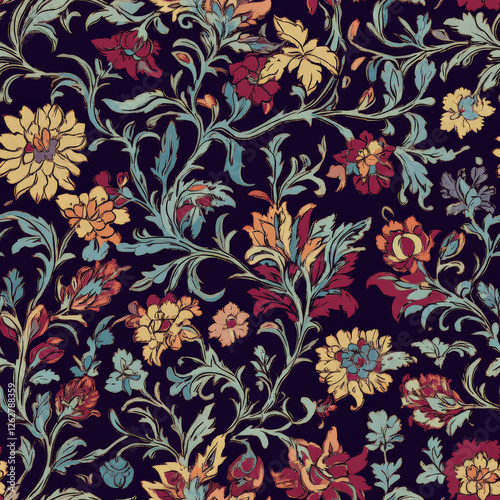 A rich Persian-inspired floral pattern, featuring intricate arabesque vines and ornamental flowers in deep jewel tones