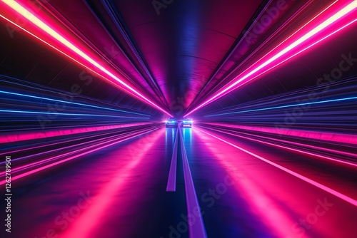 80s retro background 3d illustration. Futuristic car drive through neon abstract space.