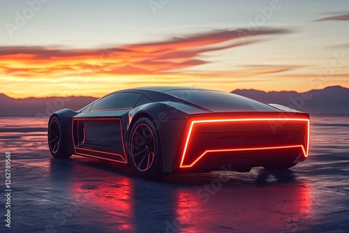 80s retro background 3d illustration. Futuristic car drive through neon abstract space.