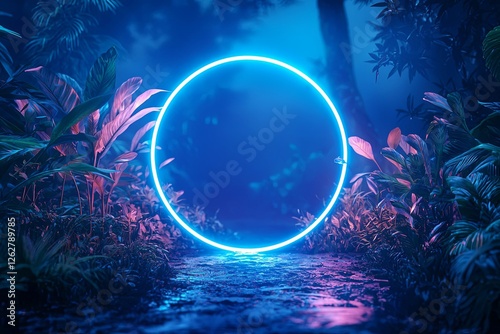 A stylish modern blue neon light frame 3D illustration.