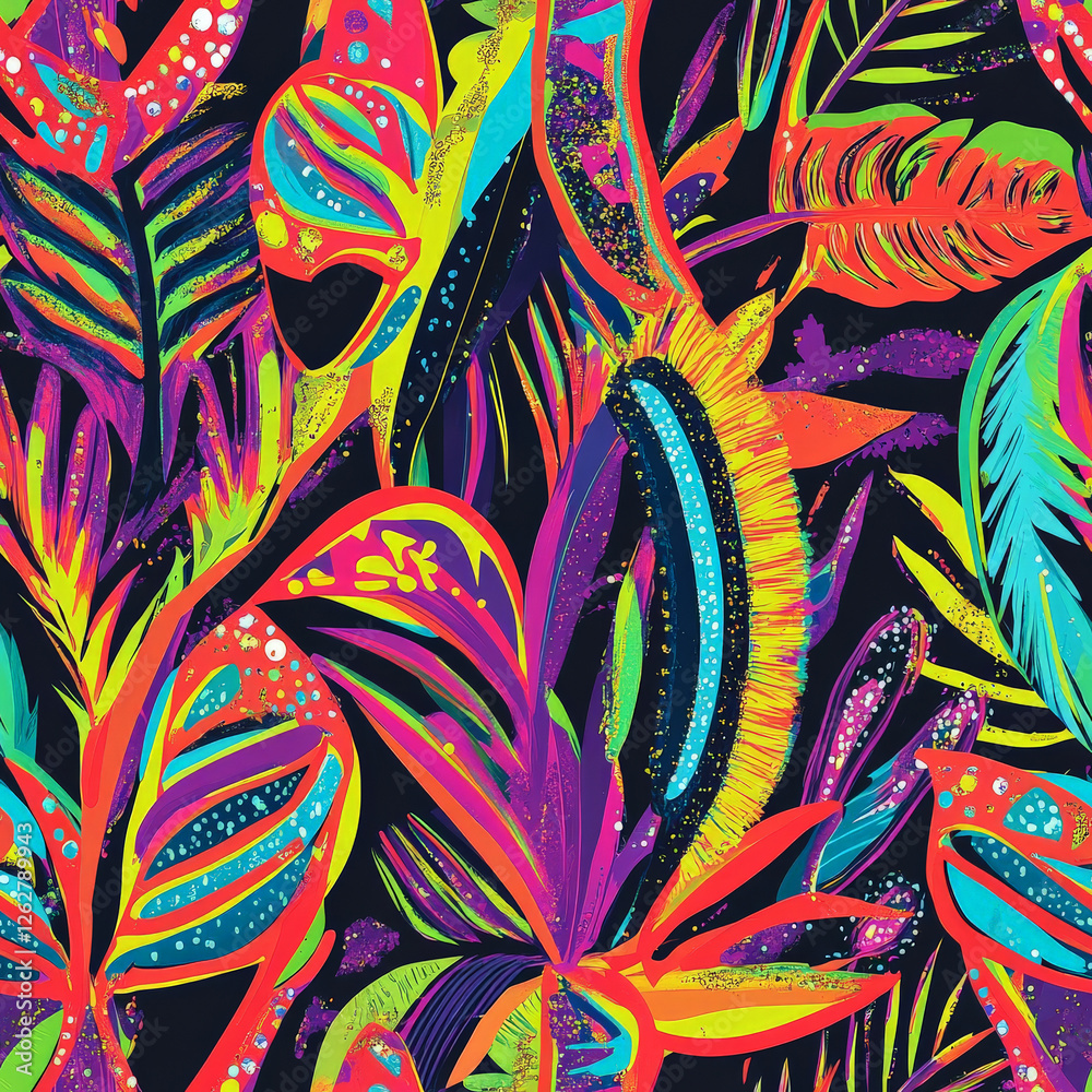 Obraz premium A bold Brazilian carnival pattern featuring swirling feathers, glittering masks, and rhythmic samba-inspired shapes in neon colors