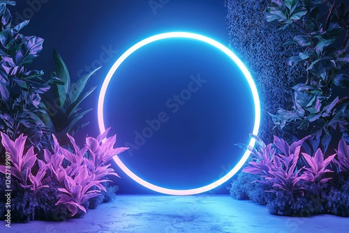 A stylish modern blue neon light frame 3D illustration.