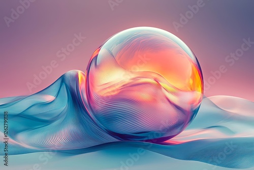 Abstract art of surreal 3d ball sphere in curved wavy round and spherical lines forms in transparent fluorescent plastic material.