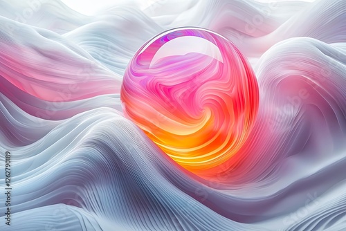 Abstract art of surreal 3d ball sphere in curved wavy round and spherical lines forms in transparent fluorescent plastic material.