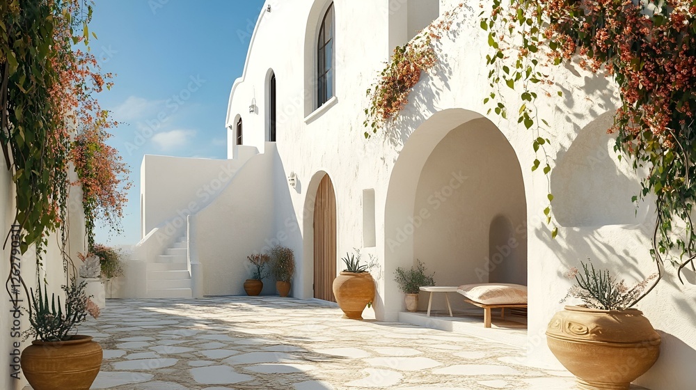 Obraz premium Elegant Mediterranean courtyard with whitewashed arches, terracotta pots, and lush greenery under bright sunlight