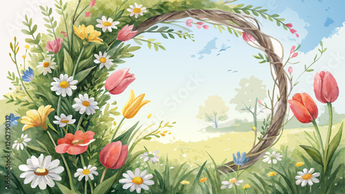Watercolor floral wreath background, lush greenery intertwined with colorful spring flowers like daisies and tulips, cheerful and bright, perfect for a postcard greeting with copy space 