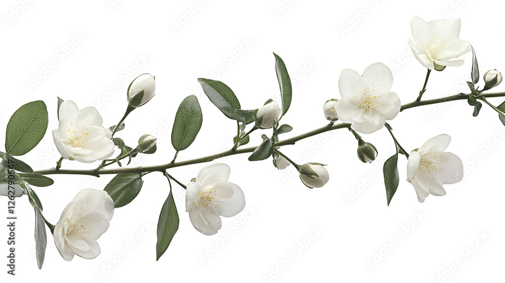 Obraz premium a branch with white flowers and green leaves on a transparent background, PNG image, PNG file, Generative art.