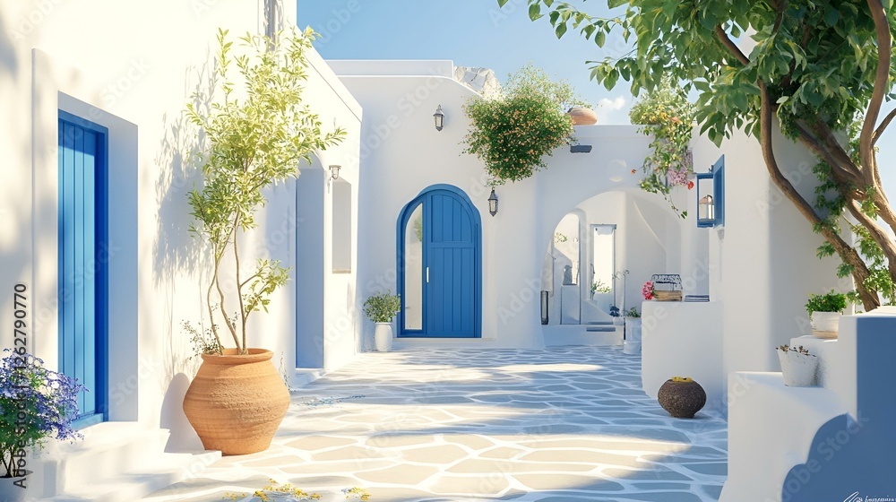 Fototapeta premium Sunlit whitewashed alley with blue doors and stone pathways in a picturesque Mediterranean village with a peaceful ambiance