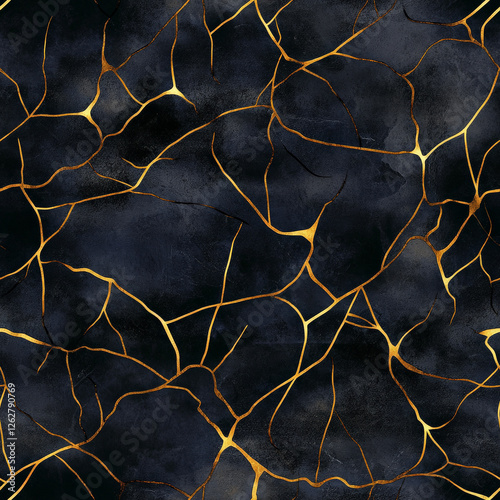 A Japanese kintsugi-inspired pattern, where golden cracks form abstract, beautiful veins across a dark, textured background photo