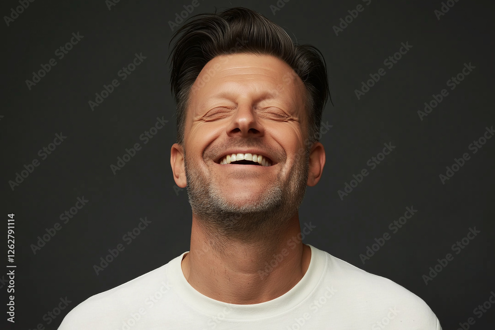 Fototapeta premium Studio portrait of man laughing with neutral gray background