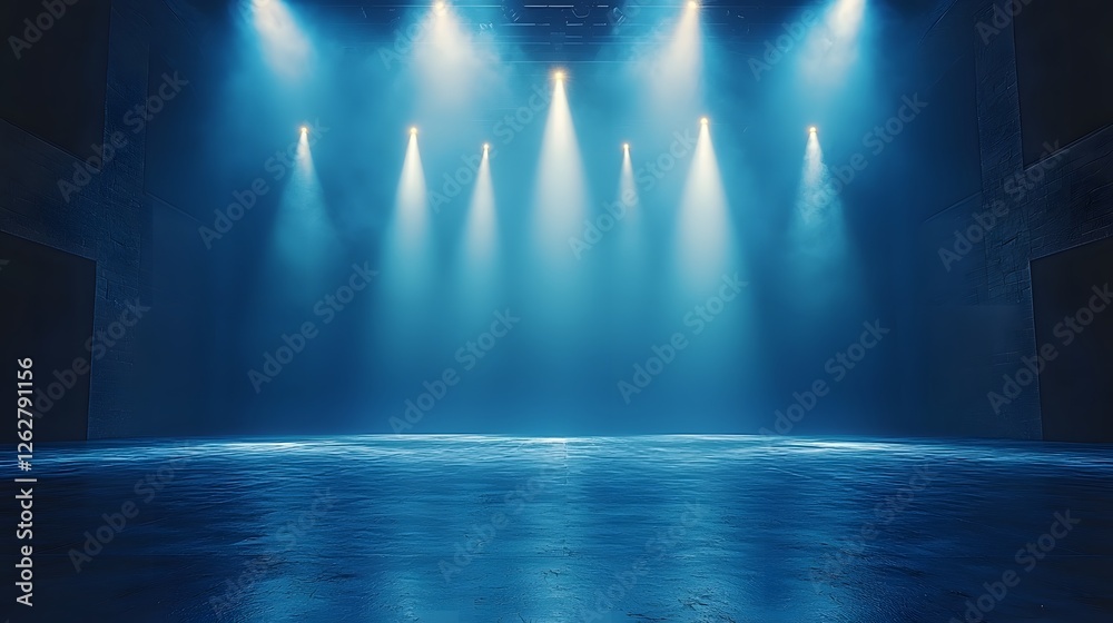 Fototapeta premium Luxury Entertainment Stage with Golden Spotlights and Deep Blue Background