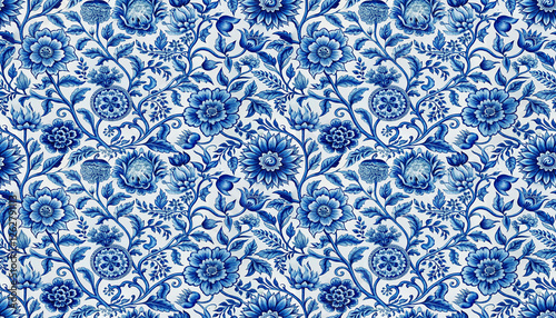 Blue and white seamless floral pattern, summer vintage blossoms abstract background design