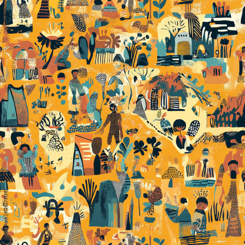 A detailed African storytelling textile pattern, featuring pictorial scenes of ancestral legends and folktales photo