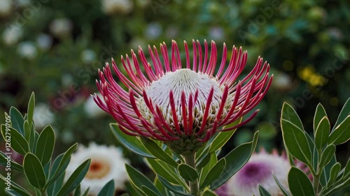 Close-up of a protea flower in soft focus, with a low-angle shot capturing sunlight bokeh. Ideal for a nature-themed video background.
