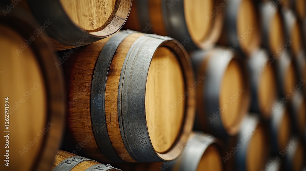 Wooden barrels stacked in a winery warehouse Wooden barrels stacked in a winery warehouse