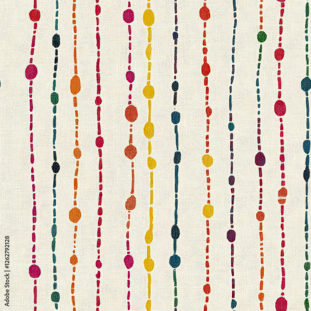 A stitched embroidery-style line pattern, where colorful dashed lines resemble cute hand-sewn stitches on a fabric texture A stitched embroidery-style line pattern, where colorful dashed lines resemble cute hand-sewn stitches on a fabric texture